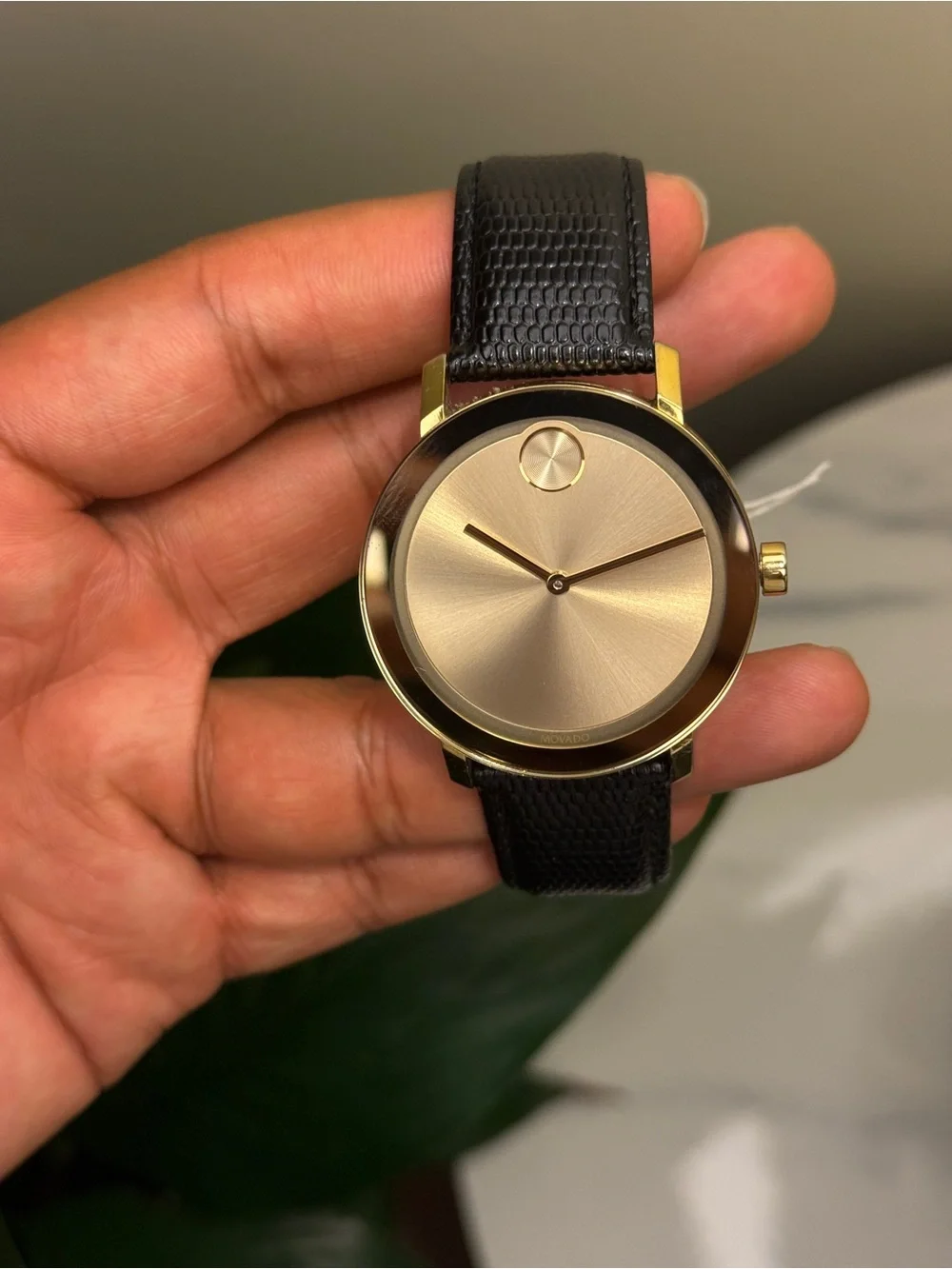 Movado bold Elegant Gold Dial Men's Watch with Black Leather Strap